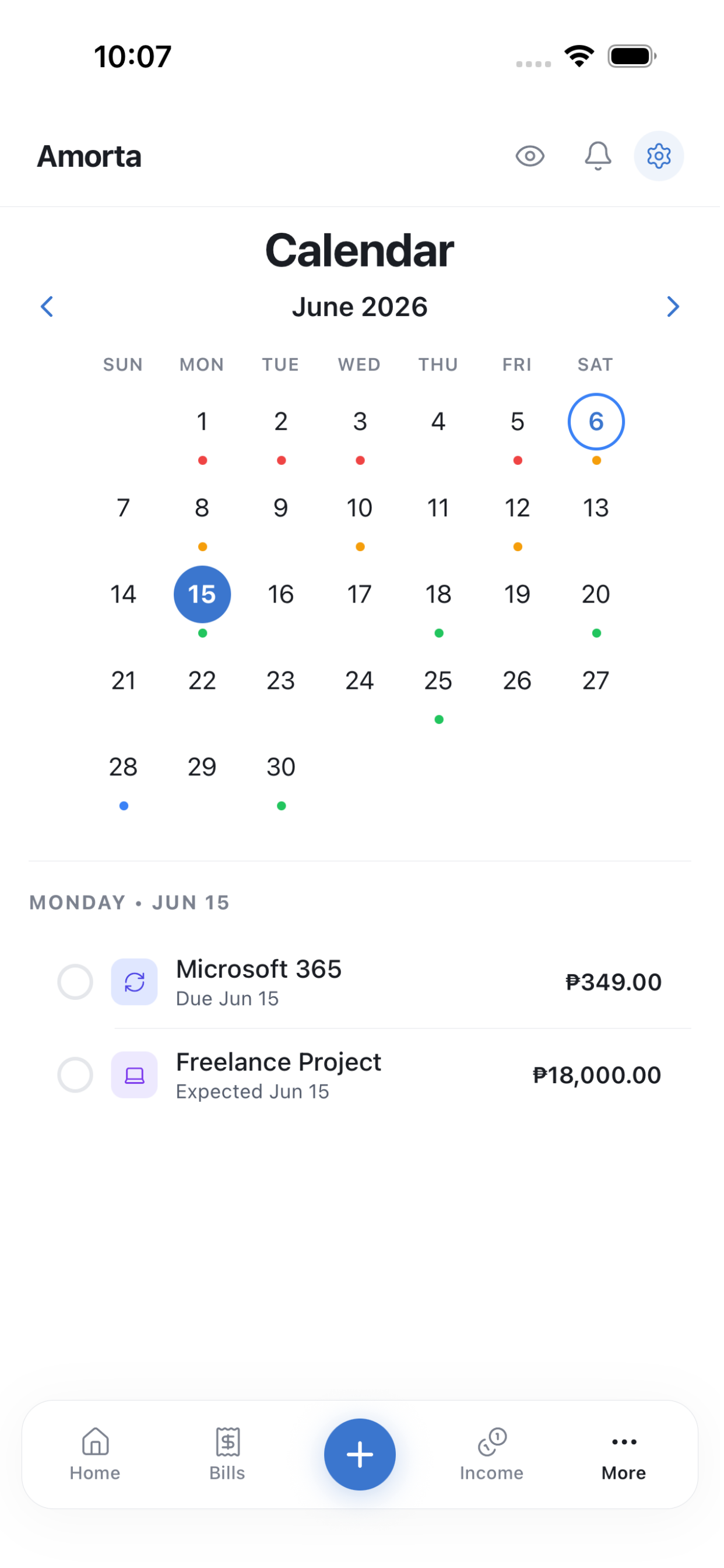 Amorta Calendar Screen